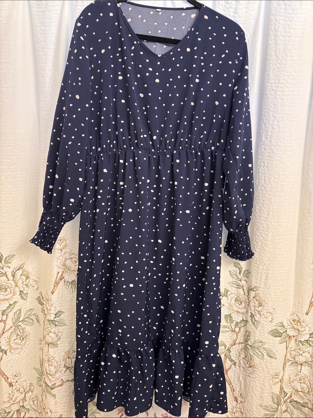 Navy Polka Dot Long Sleeve Midi Dress